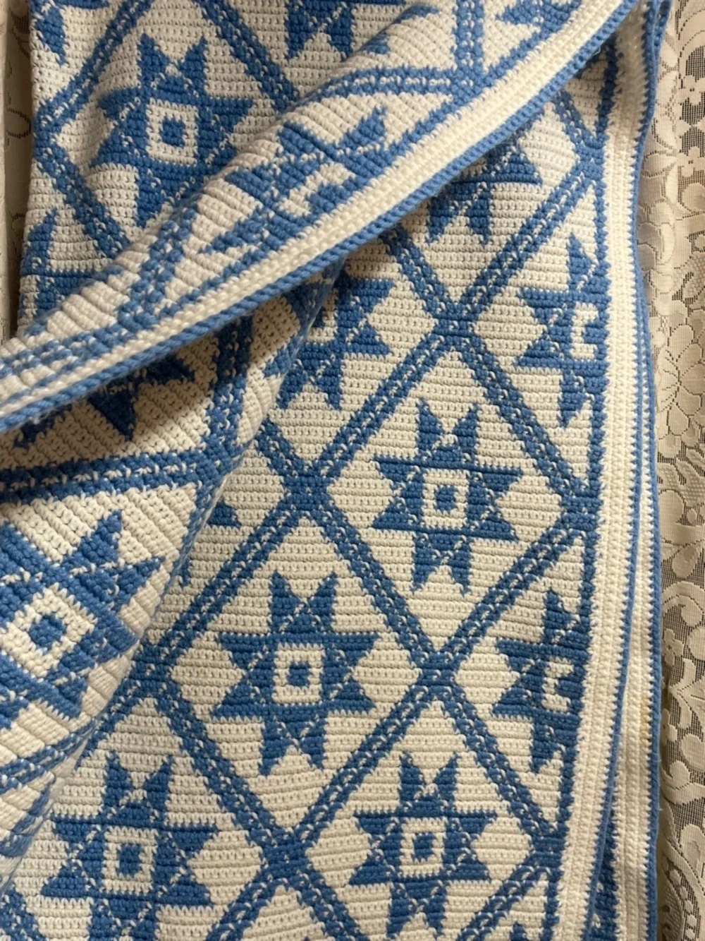 Vintage Blue and White Star Pattern Crocheted Couch Throw - Unbranded